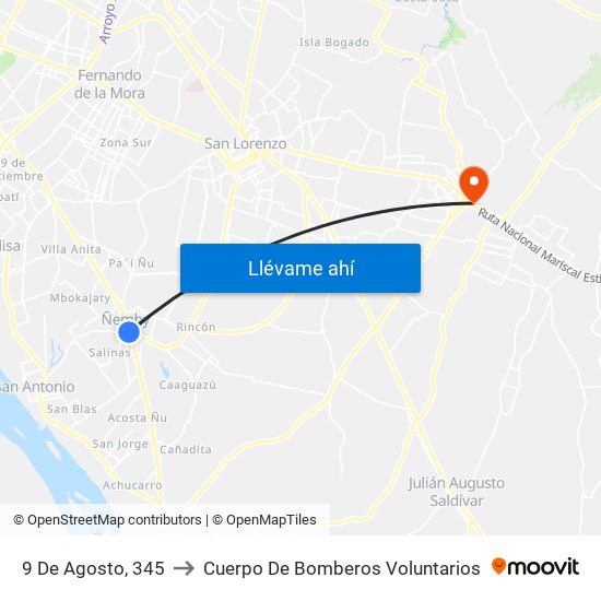 9 De Agosto, 345 to Cuerpo De Bomberos Voluntarios map