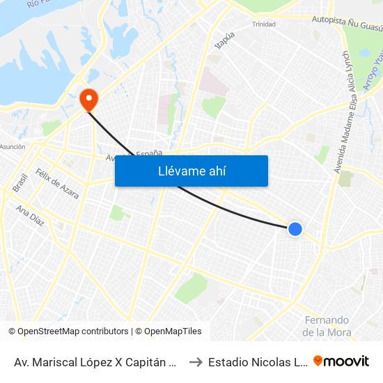 Av. Mariscal López X Capitán Bueno to Estadio Nicolas Leoz map