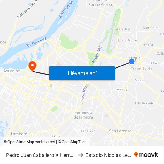 Pedro Juan Caballero X Herrera to Estadio Nicolas Leoz map