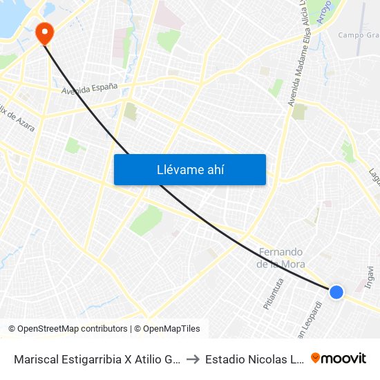 Mariscal Estigarribia X Atilio Galfre to Estadio Nicolas Leoz map