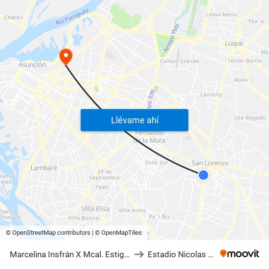 Marcelina Insfrán X Mcal. Estigarribia to Estadio Nicolas Leoz map