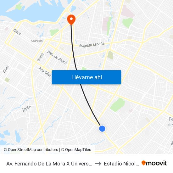 Av. Fernando De La Mora X Universitarios Del Chaco to Estadio Nicolas Leoz map