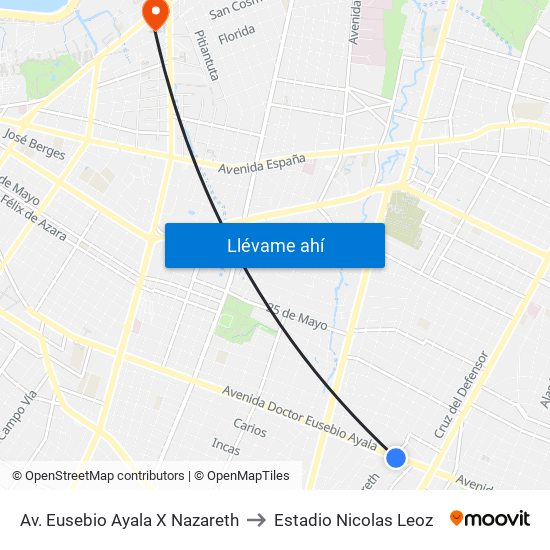 Av. Eusebio Ayala X Nazareth to Estadio Nicolas Leoz map