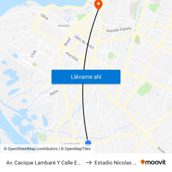 Av. Cacique Lambaré Y Calle Escobar to Estadio Nicolas Leoz map