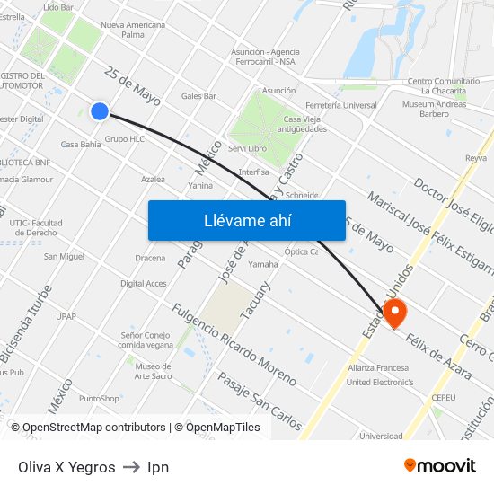 Oliva X Yegros to Ipn map