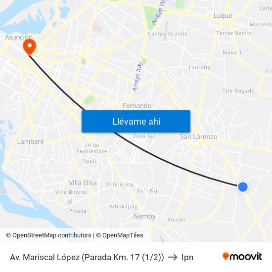 Av. Mariscal López (Parada Km. 17 (1/2)) to Ipn map