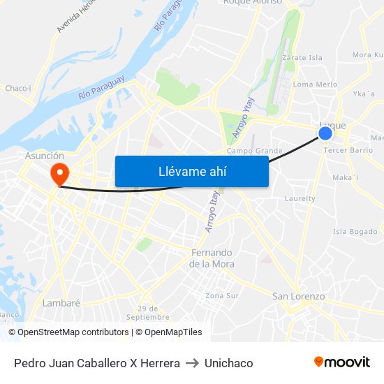 Pedro Juan Caballero X Herrera to Unichaco map