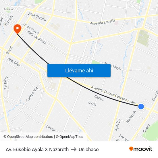 Av. Eusebio Ayala X Nazareth to Unichaco map