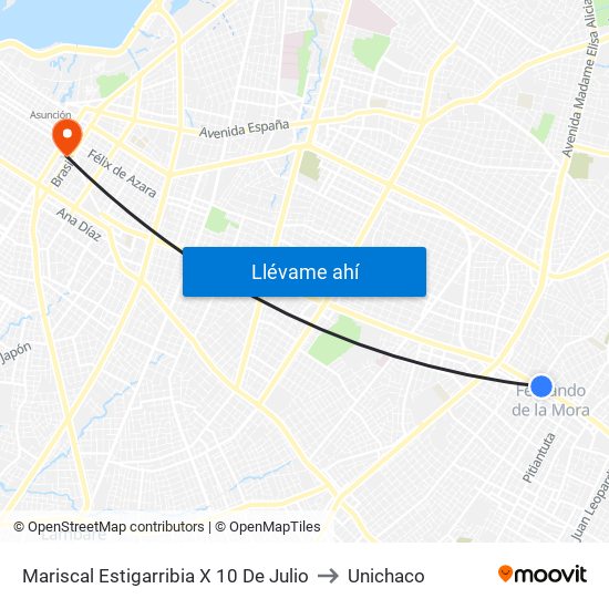 Mariscal Estigarribia X 10 De Julio to Unichaco map