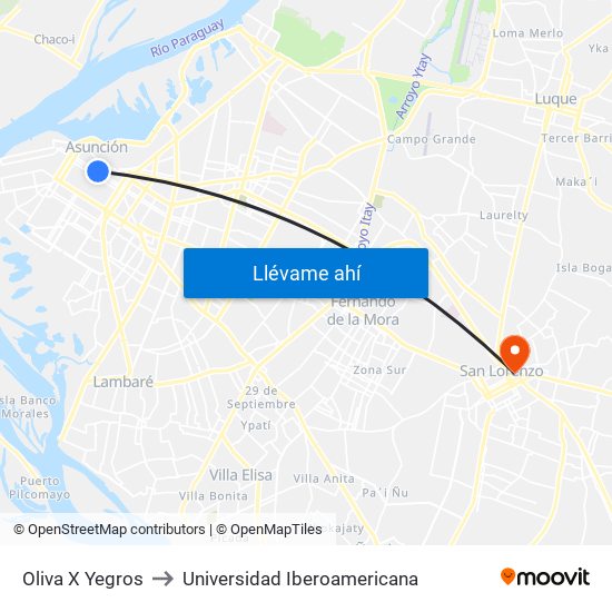 Oliva X Yegros to Universidad Iberoamericana map