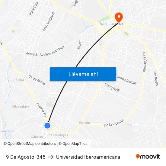 9 De Agosto, 345 to Universidad Iberoamericana map