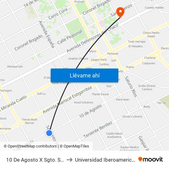 10 De Agosto X Sgto. Silva to Universidad Iberoamericana map