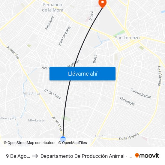 9 De Agosto, 345 to Departamento De Producción Animal - División De Ganado Porcino map