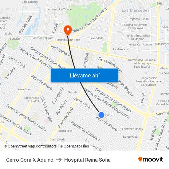 Cerro Corá X Aquino to Hospital Reina Sofia map