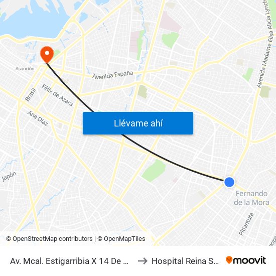 Av. Mcal. Estigarribia X 14 De Mayo to Hospital Reina Sofia map