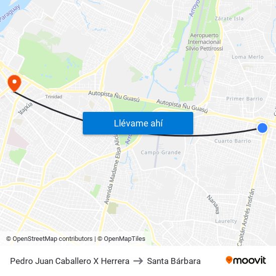 Pedro Juan Caballero X Herrera to Santa Bárbara map