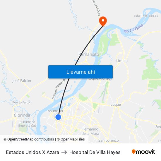 Estados Unidos X Azara to Hospital De Villa Hayes map