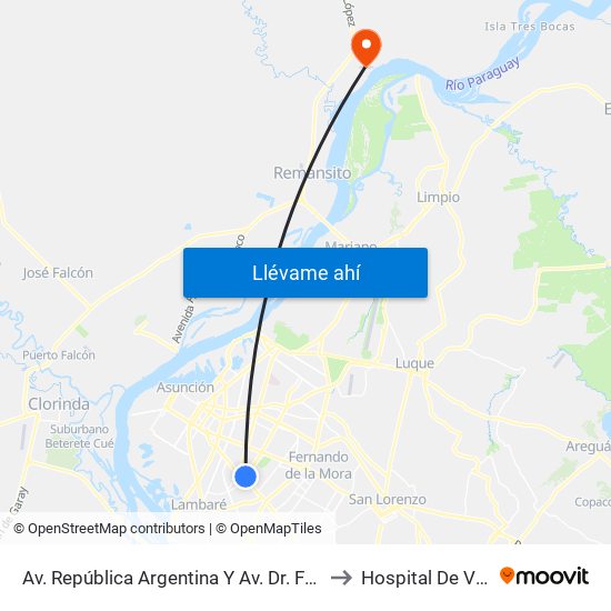 Av. República Argentina Y Av. Dr. Fernando De La Mora to Hospital De Villa Hayes map