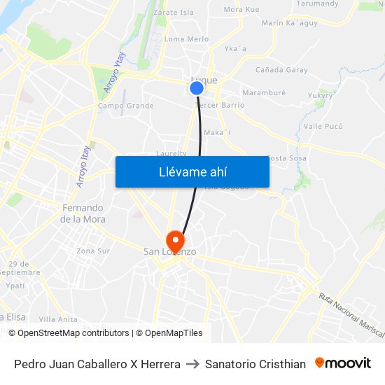 Pedro Juan Caballero X Herrera to Sanatorio Cristhian map