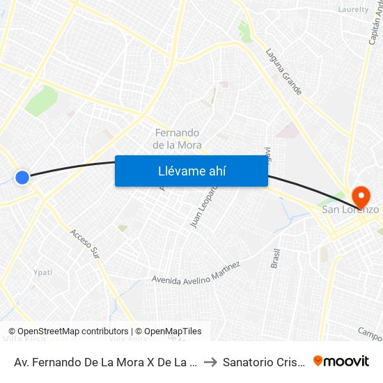 Av. Fernando De La Mora X De La Victoria to Sanatorio Cristhian map