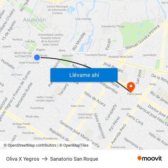 Oliva X Yegros to Sanatorio San Roque map
