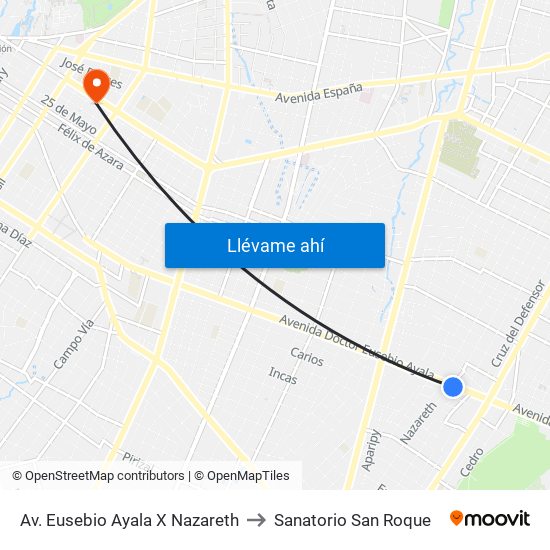 Av. Eusebio Ayala X Nazareth to Sanatorio San Roque map