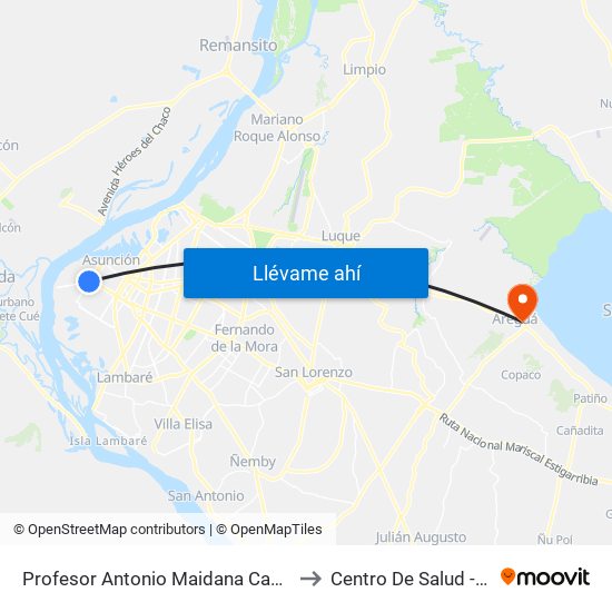 Profesor Antonio Maidana Campos, 1045 to Centro De Salud - Areguá map