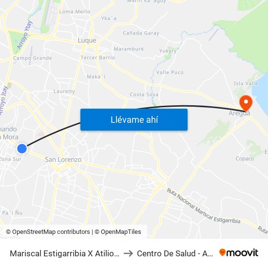 Mariscal Estigarribia X Atilio Galfre to Centro De Salud - Areguá map