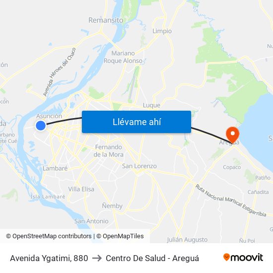 Avenida Ygatimi, 880 to Centro De Salud - Areguá map