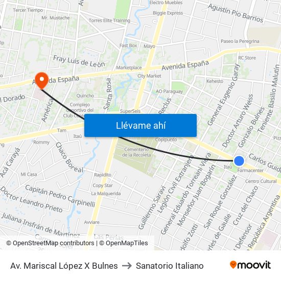 Av. Mariscal López X Bulnes to Sanatorio Italiano map