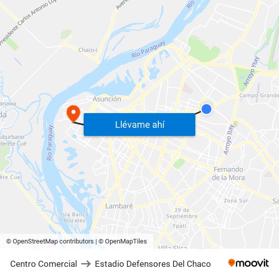Centro Comercial to Estadio Defensores Del Chaco map