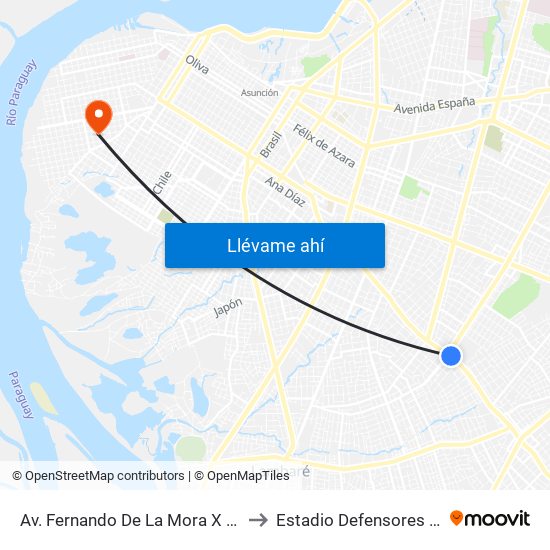 Av. Fernando De La Mora X Av. Argentina to Estadio Defensores Del Chaco map