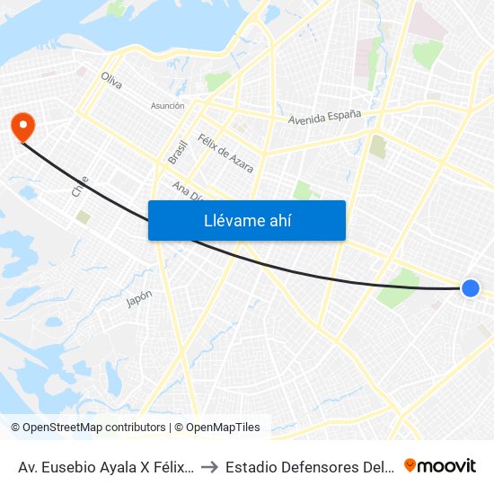 Av. Eusebio Ayala X Félix Lopéz to Estadio Defensores Del Chaco map