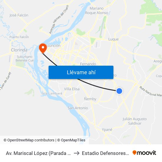 Av. Mariscal López (Parada Km. 17 (1/2)) to Estadio Defensores Del Chaco map