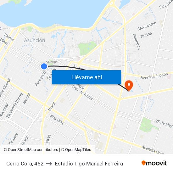 Cerro Corá, 452 to Estadio Tigo Manuel Ferreira map