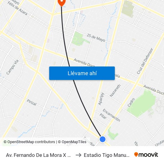 Av. Fernando De La Mora X Av. Argentina to Estadio Tigo Manuel Ferreira map