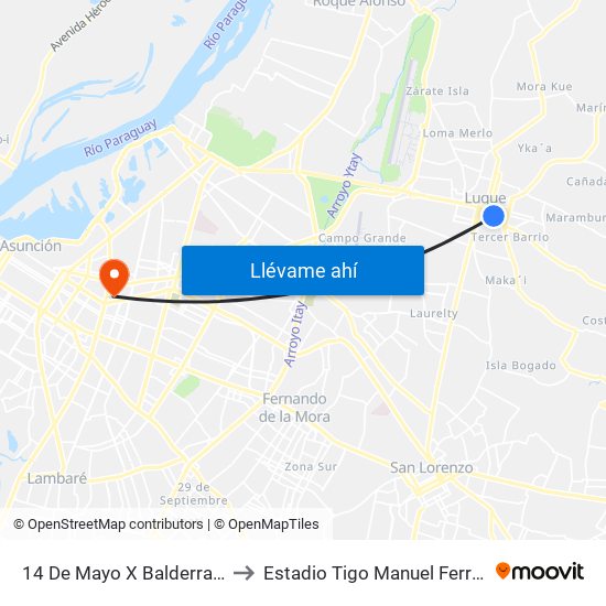 14 De Mayo X Balderrama to Estadio Tigo Manuel Ferreira map