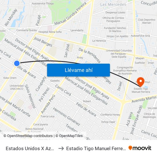 Estados Unidos X Azara to Estadio Tigo Manuel Ferreira map