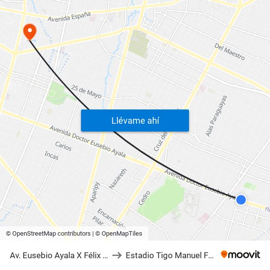 Av. Eusebio Ayala X Félix Lopéz to Estadio Tigo Manuel Ferreira map