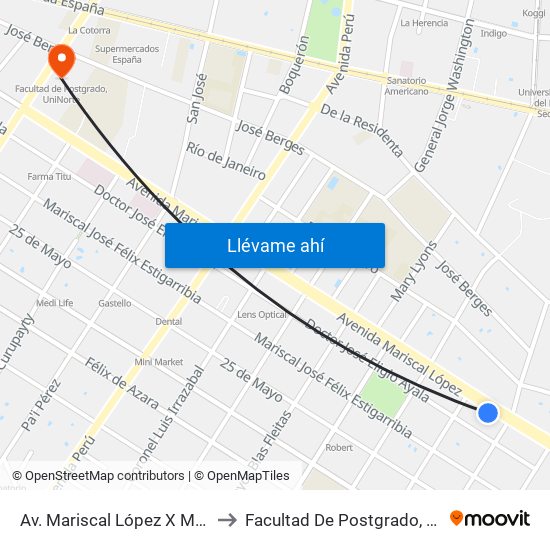 Av. Mariscal López X Melgarejo to Facultad De Postgrado, Uninorte map