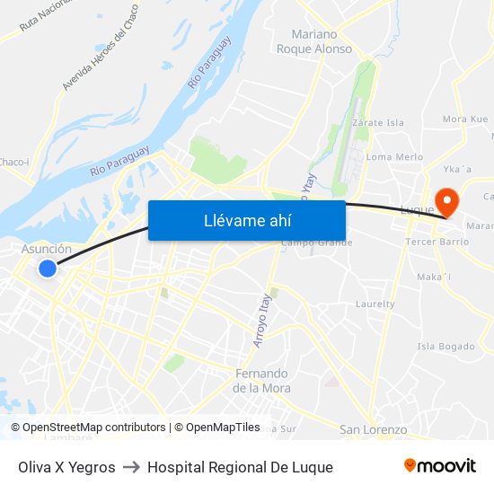 Oliva X Yegros to Hospital Regional De Luque map