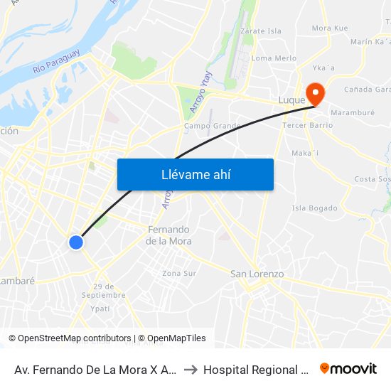 Av. Fernando De La Mora X Av. Argentina to Hospital Regional De Luque map