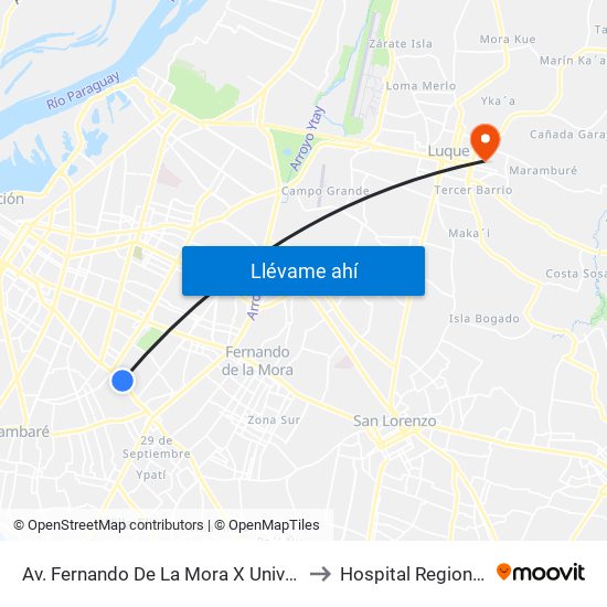 Av. Fernando De La Mora X Universitarios Del Chaco to Hospital Regional De Luque map