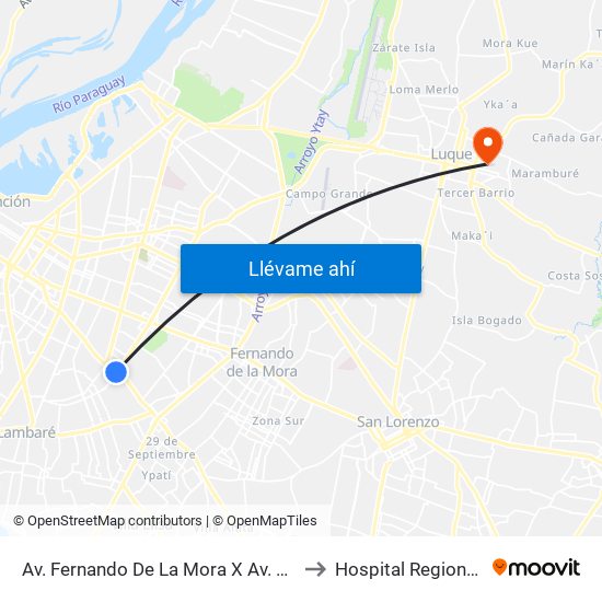 Av. Fernando De La Mora X Av. República Argentina to Hospital Regional De Luque map