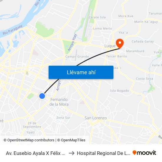 Av. Eusebio Ayala X Félix Lopéz to Hospital Regional De Luque map