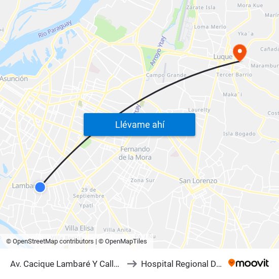Av. Cacique Lambaré Y Calle Escobar to Hospital Regional De Luque map
