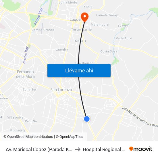 Av. Mariscal López (Parada Km. 17 (1/2)) to Hospital Regional De Luque map