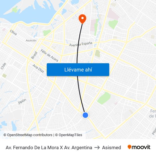 Av. Fernando De La Mora X Av. Argentina to Asismed map