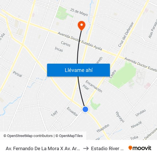 Av. Fernando De La Mora X Av. Argentina to Estadio River Plate map