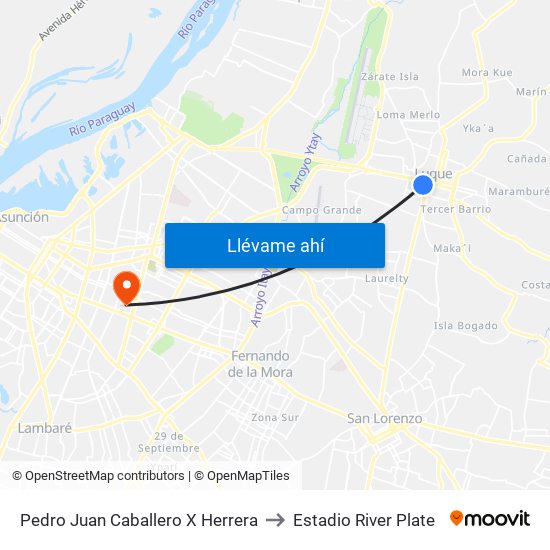 Pedro Juan Caballero X Herrera to Estadio River Plate map